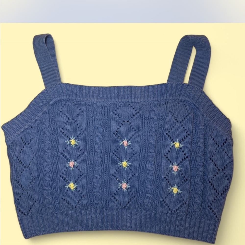 Blue Knit Crop Tank | Y2K Floral Embroidered Cami